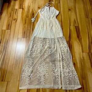 Women's Floral Lace Sheer Maxi Dress Sz XS Ivory Beach Wedding Boho Fairy Resort